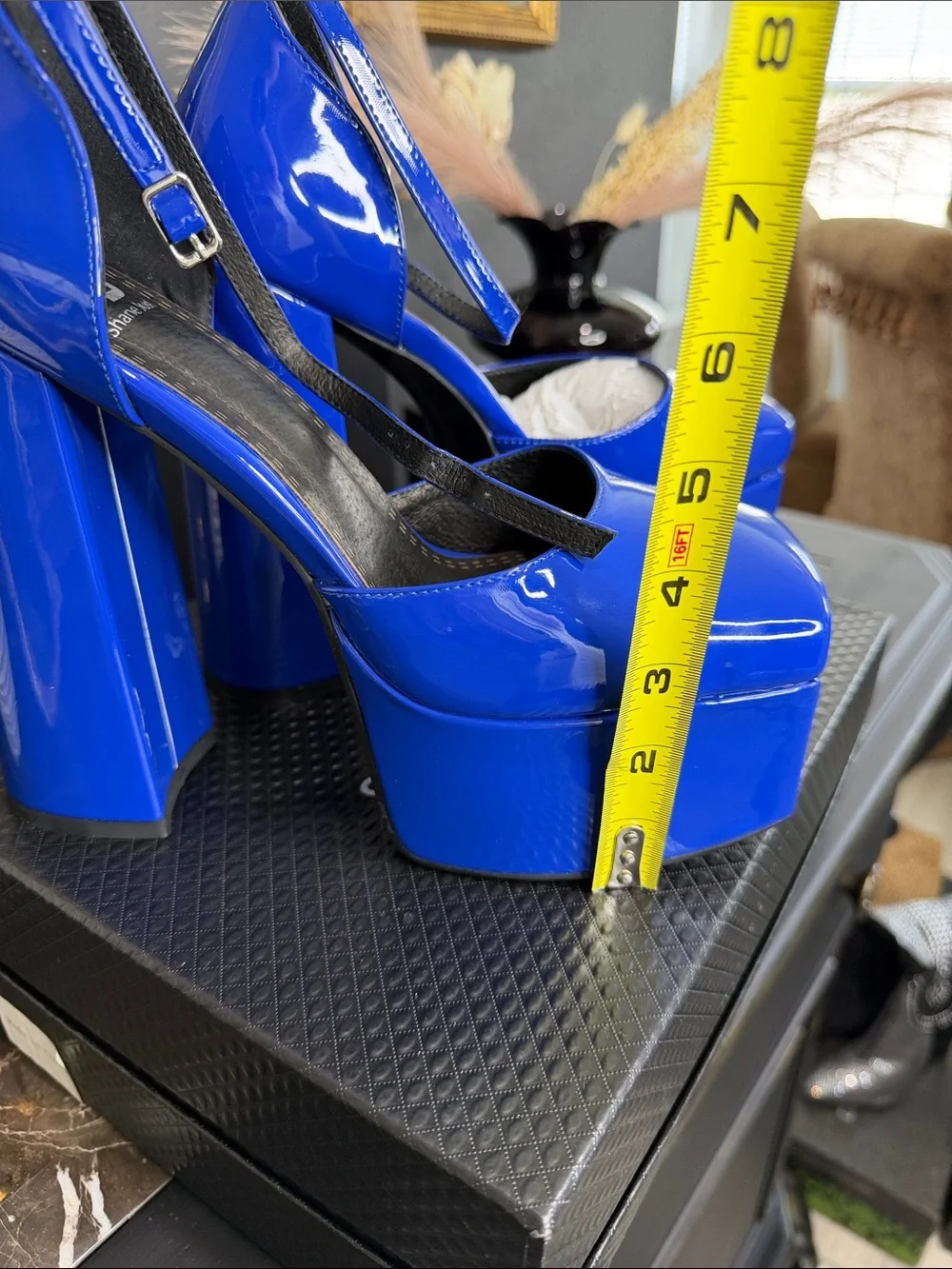 Shane Jones Cobalt Patent Platform Pumps with Ankle Tie